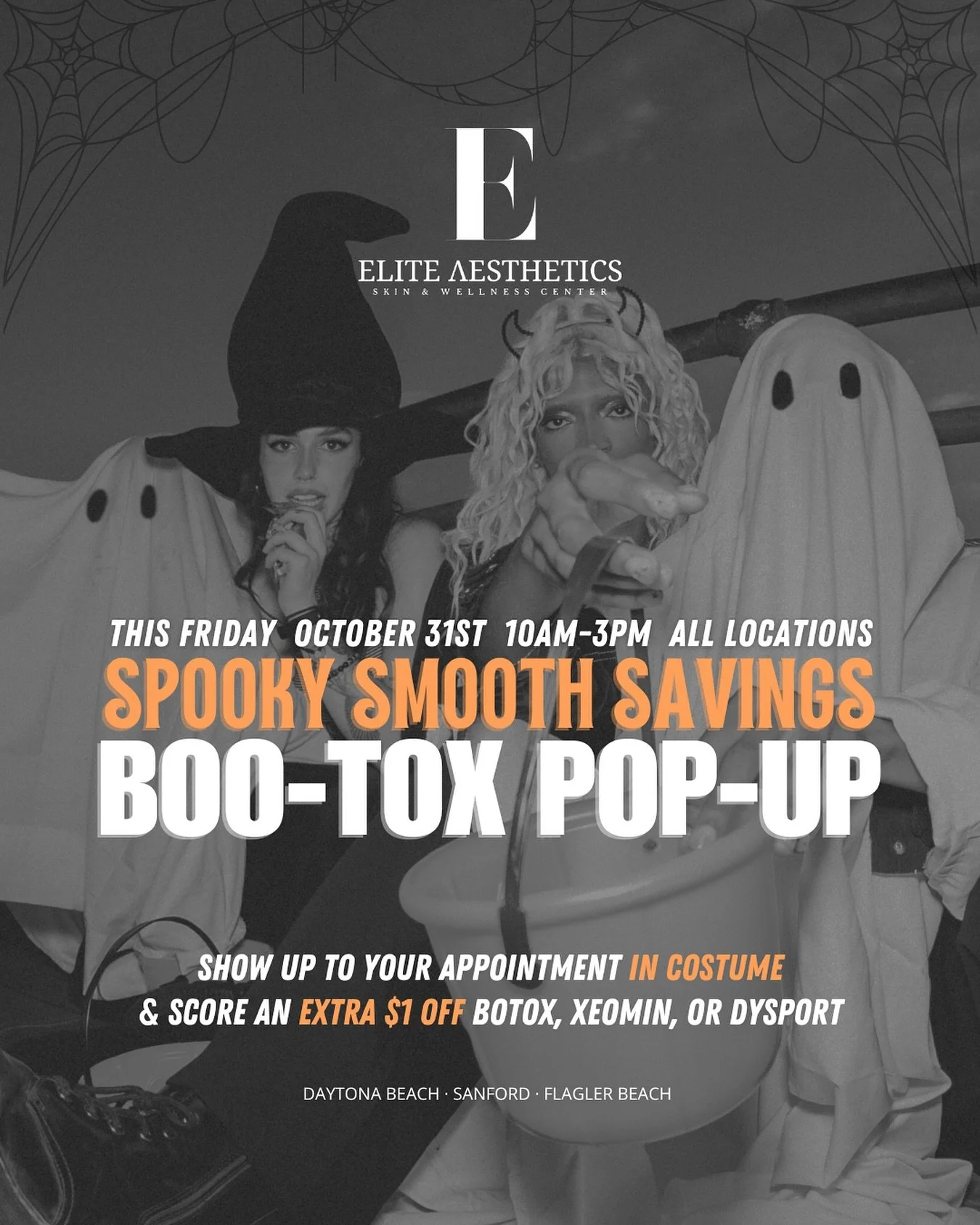 Join us this Friday, Oct 31st, for our BOO-TOX Pop-Up Special 👻
Show up to your appointment in costume & score an extra $1 off Botox, Xeomin, or Dysport 💉
📍 Elite Aesthetics | Sanford • Daytona • Flagler Beach
🎃 Come in Costume, Sa
