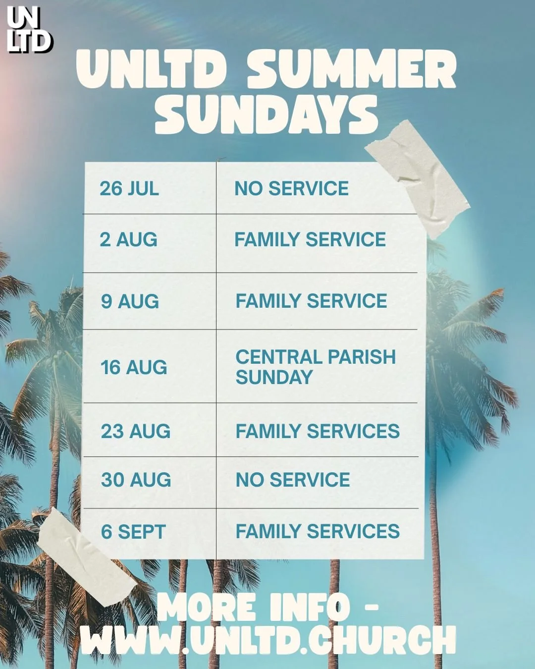 ☀️ Summer Sundays at UNLTD

Life can be busy, noisy and exhausting. This summer, we&rsquo;re slowing down, making space and exploring four simple rhythms that can help us care for our souls and grow closer to God:

🌴 2 August: Rest
🙏 9 August: Pray