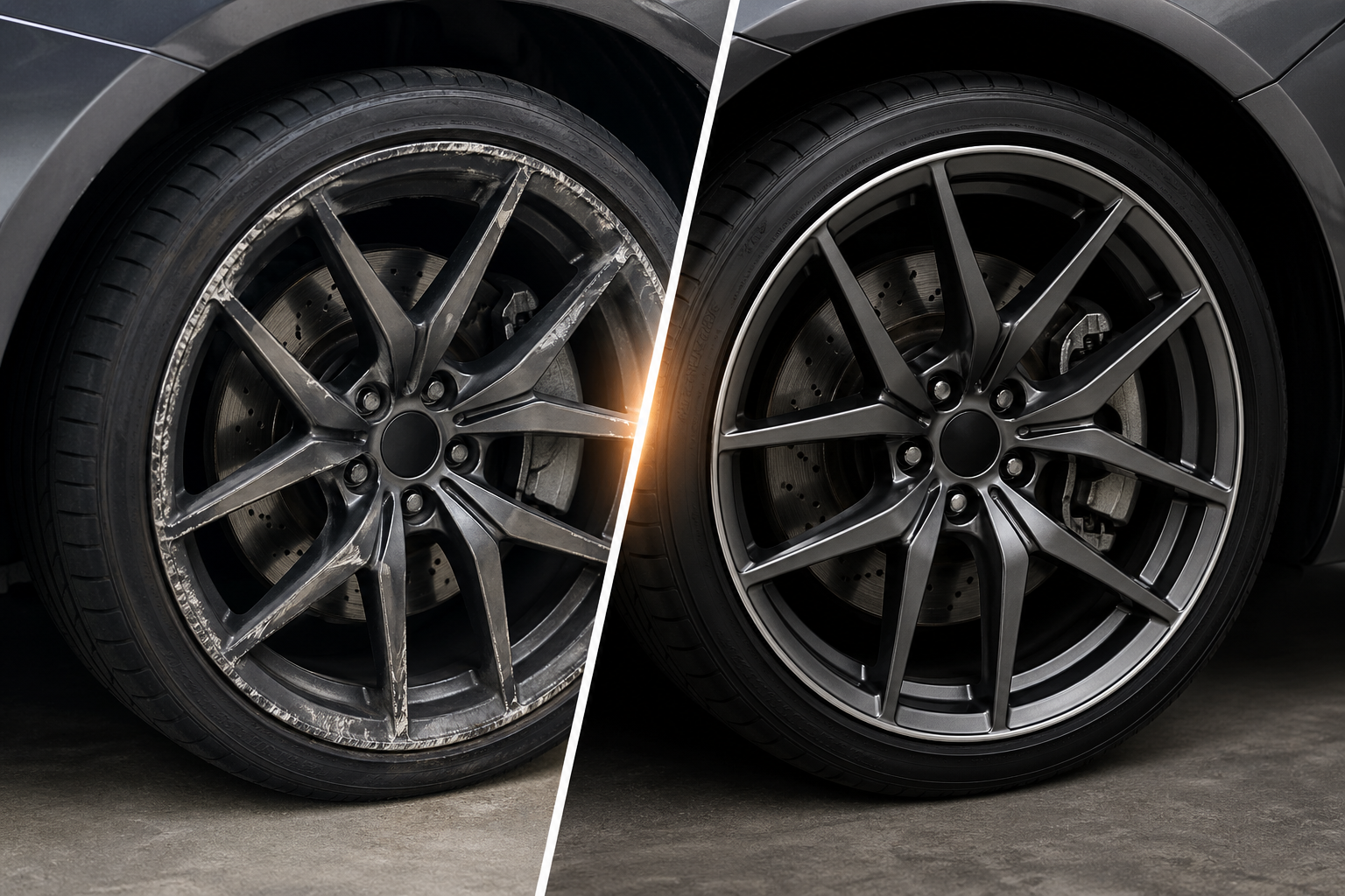 Close-up comparison of a damaged alloy wheel with curb rash on one side and a fully restored, smooth wheel on the other.