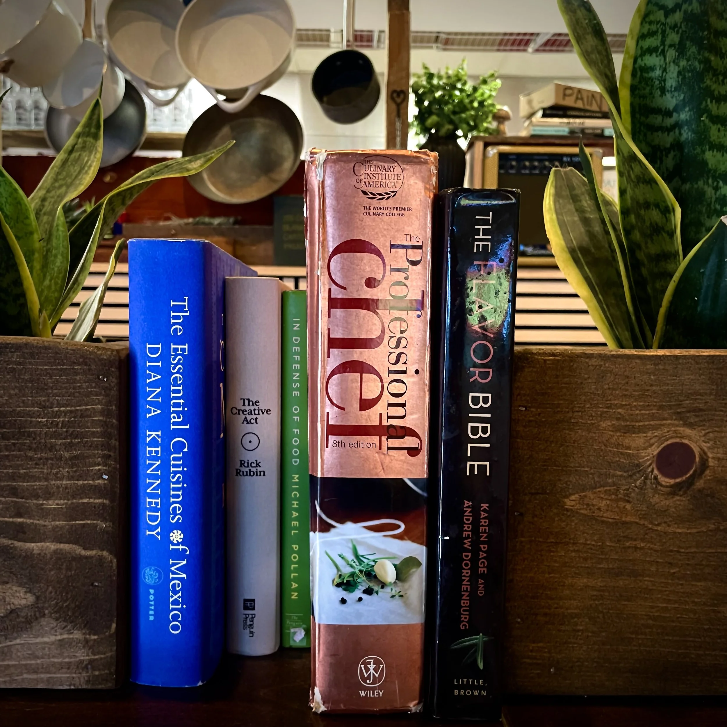 A collection of books on a shelf, with a background of hanging mugs and cups, and a potted plant.