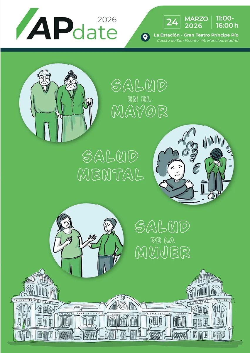 tarjeta conmemorativa de APdate 2026 con dibujo representando salud en el mayor, salud mental y salud de mujer.