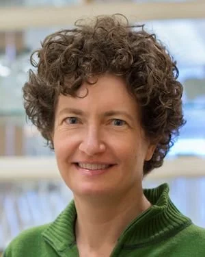 A person with short, curly brown hair smiles at the camera indoors, wearing a green zip-neck sweater with softly blurred shelves in the background.