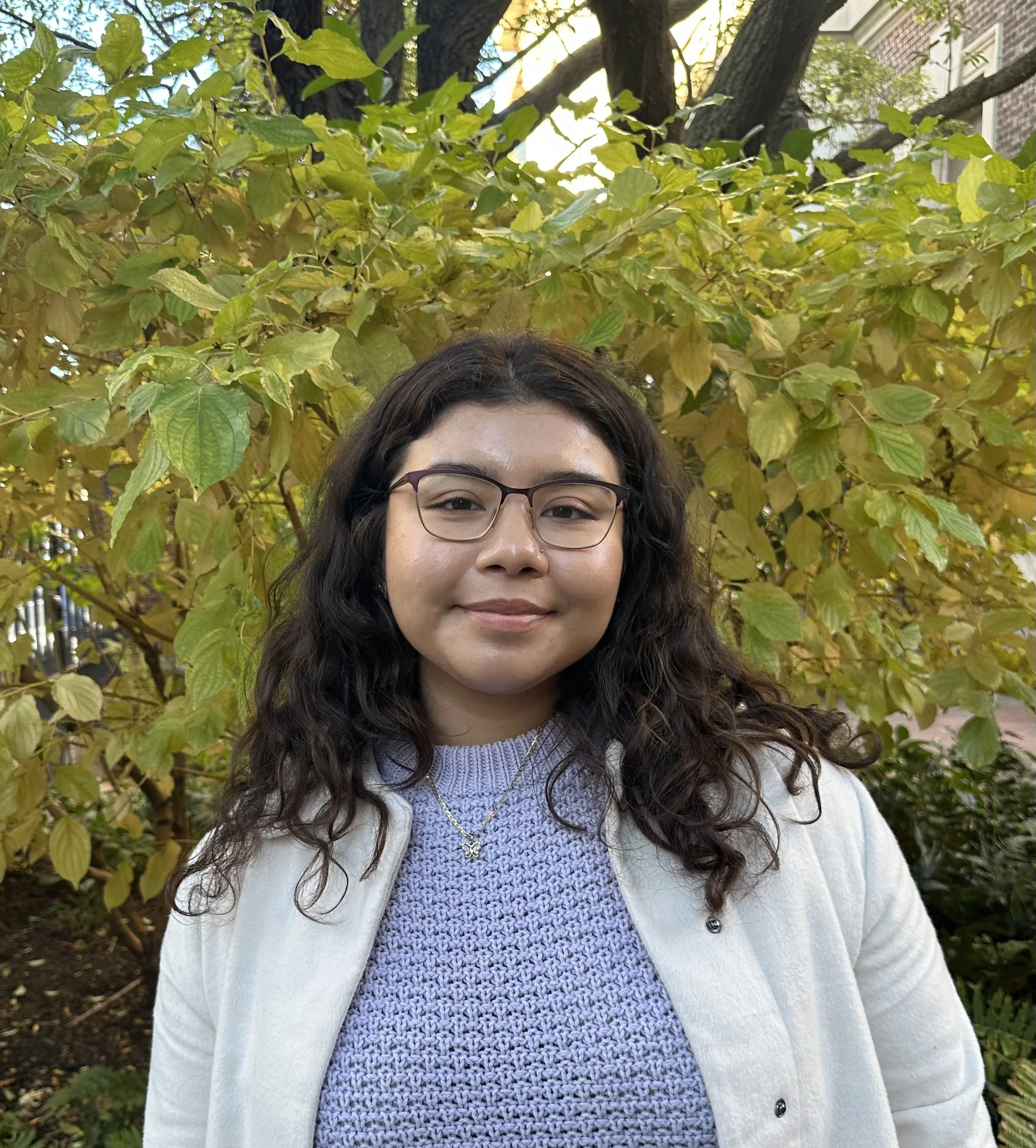 A person with long curly dark hair and glasses stands outdoors in front of a leafy tree with yellow-green foliage, wearing a light-colored coat over a textured lavender sweater and smiling softly at the camera.