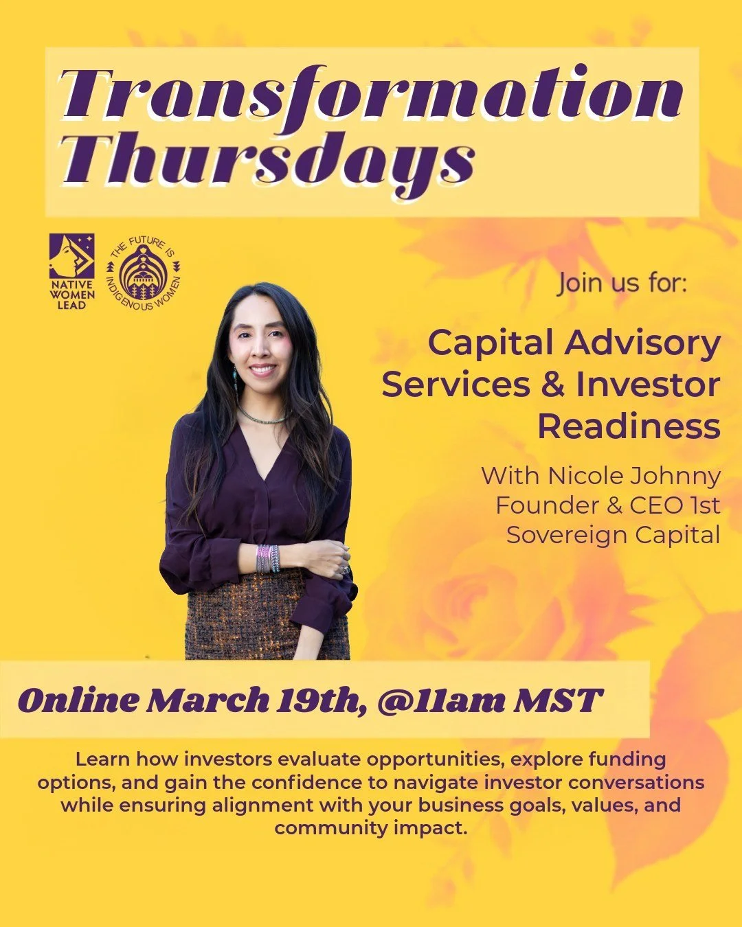 ✨ Ready to navigate funding with confidence?
Join us for Transformation Thursdays featuring Capital Advisory Services &amp; Investor Readiness with Nicole Johnny, Founder &amp; CEO of 1st Sovereign Capital.
This session will walk you through how inve