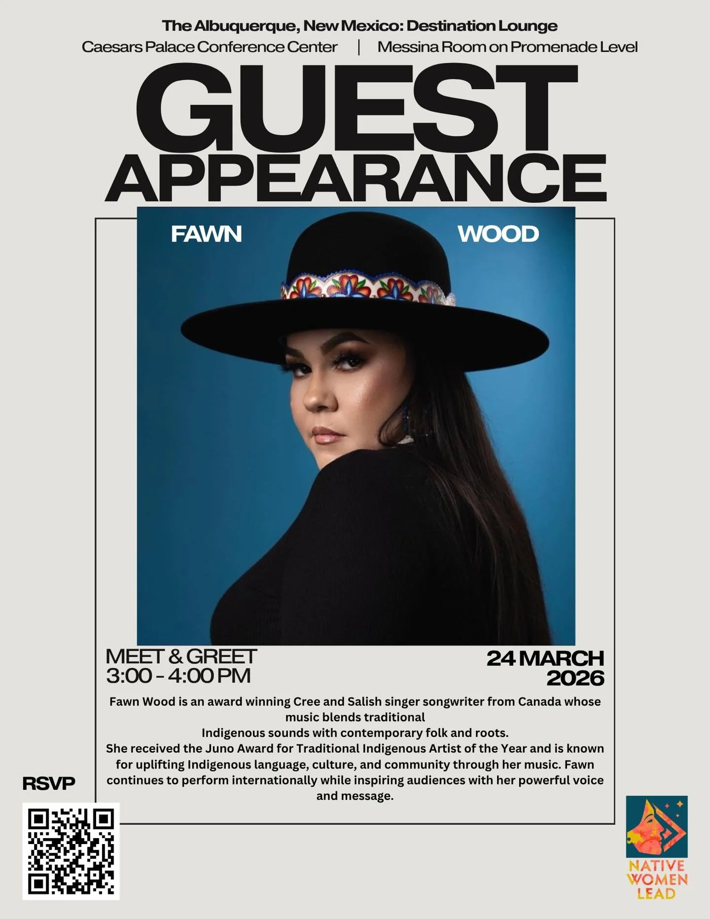 Join us in welcoming Fawn Wood 🌿✨
An award-winning artist uplifting Indigenous language, culture, and community through music.

📍 Destination Lounge &ndash; Caesars Palace Conference Center
🗓 March 24, 2026
⏰ 3:00&ndash;4:00 PM

Come connect, list