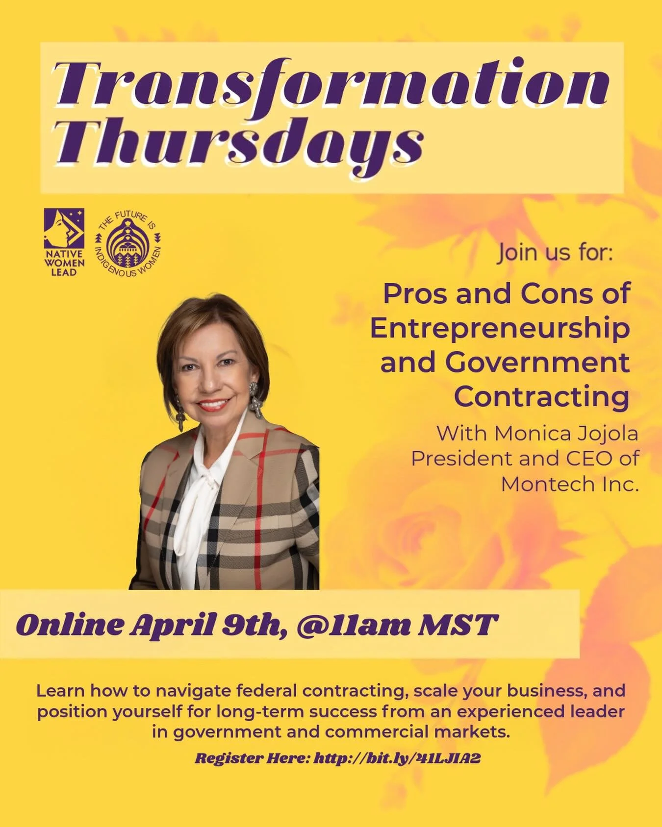 Join us for next week&rsquo;s Transformation Thursday ✨
We&rsquo;re diving into the pros &amp; cons of entrepreneurship and government contracting with Monica Jojola, President &amp; CEO of Montech Inc.

📅 April 9th @ 11AM MST
Come learn how to scal