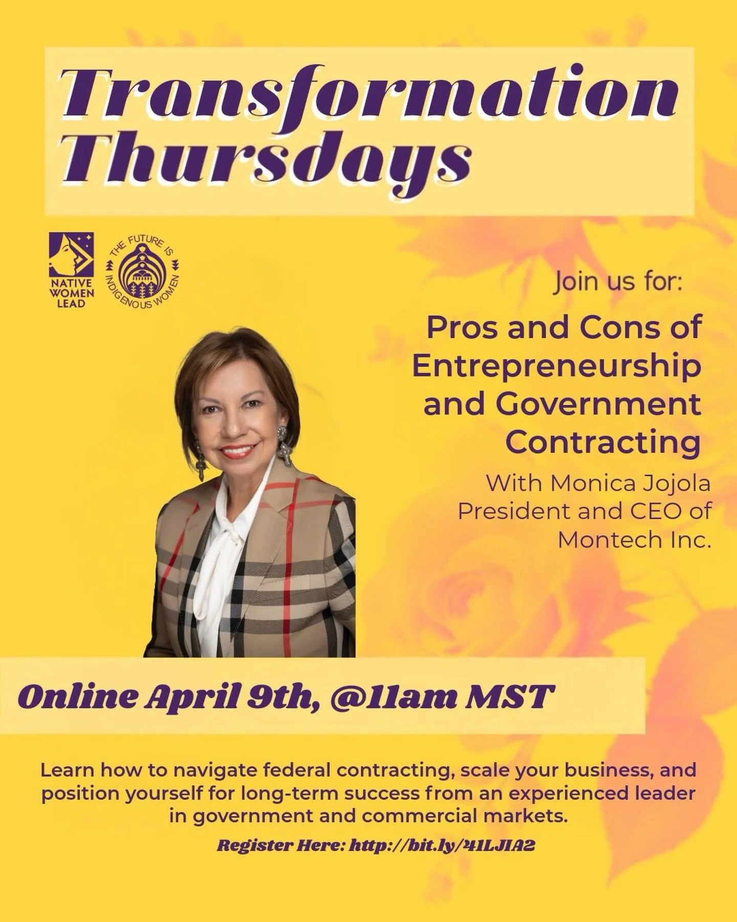 TODAY at 11AM MST ⚡

Set a reminder&mdash;this starts at 11AM MST.

Get ready for a great conversation on the pros and cons of entrepreneurship and government contracting.

Monica Jojola (President &amp; CEO of Montech Inc.) will be sharing insights,