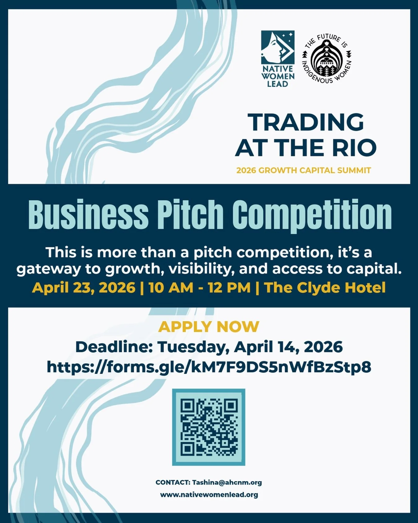 NOW OPEN: &ldquo;Trading at the Rio&rdquo; Pitch Competition
Calling all Native women entrepreneurs!
Startups (0&ndash;5 years)
Established (6&ndash;11 years)

Win funding
Pitch live at the Summit
Connect with capital partners
Apply now: https://form