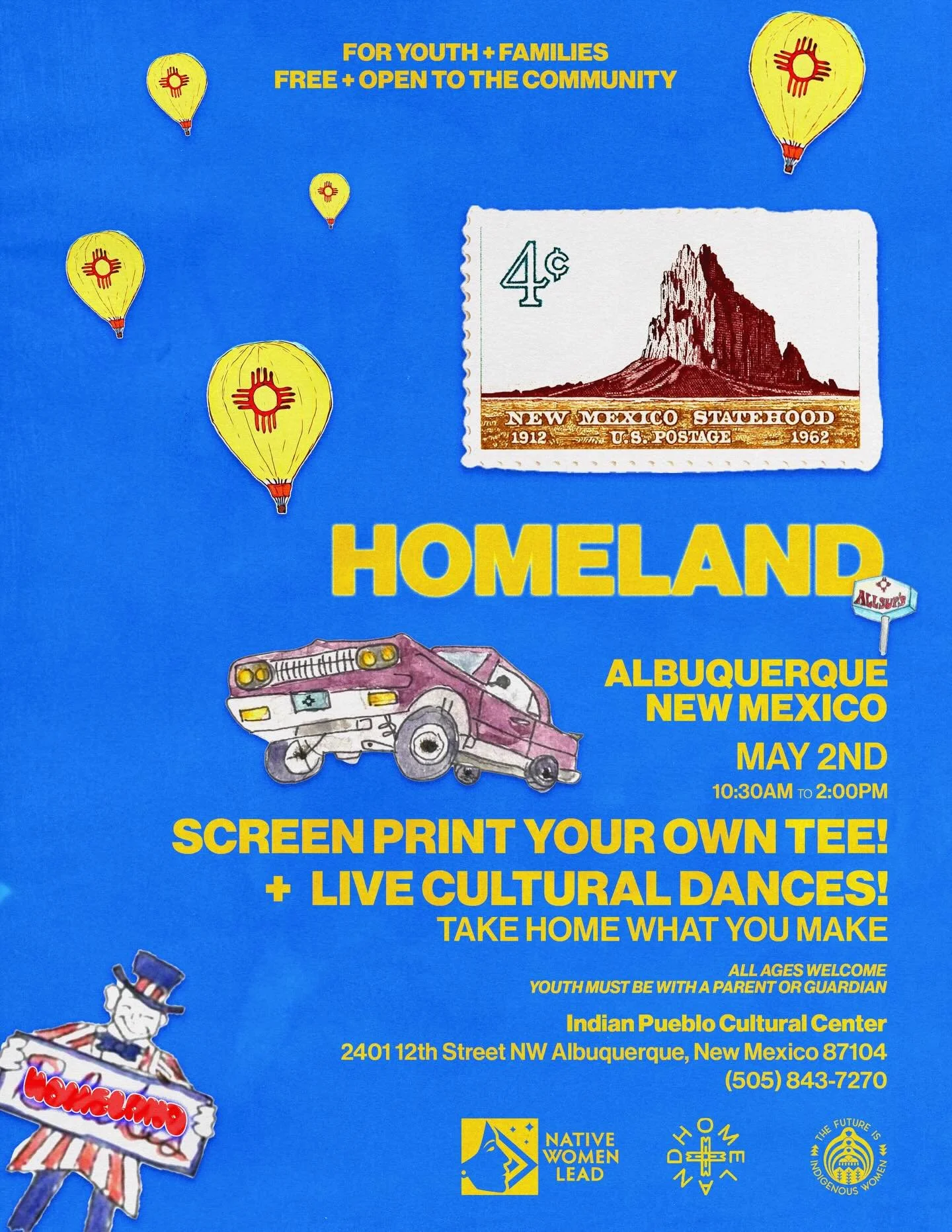 Join us for HOMELAND 💛
A day of culture, creativity, and community in ABQ!
🎨 Screen print your own tee
💃🏽 Live cultural dances
✨ Take home what you make

Free + open to all! Bring the family &amp; come create with us 🌞
📍Indian Pueblo Culture Ce