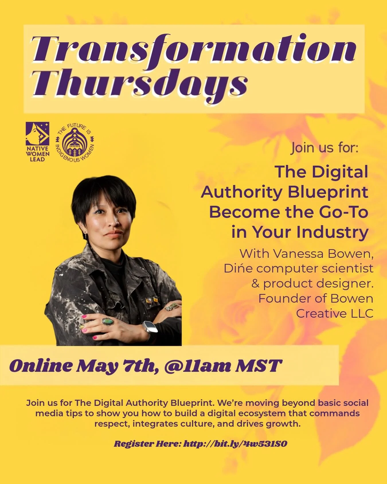 Step into your power this #TransformationThursday ✨
Join us for The Digital Authority Blueprint with Vanessa Bowen, Din&eacute; computer scientist, product designer, and founder of Bowen Creative LLC.

This isn&rsquo;t just about social media, it&rsq
