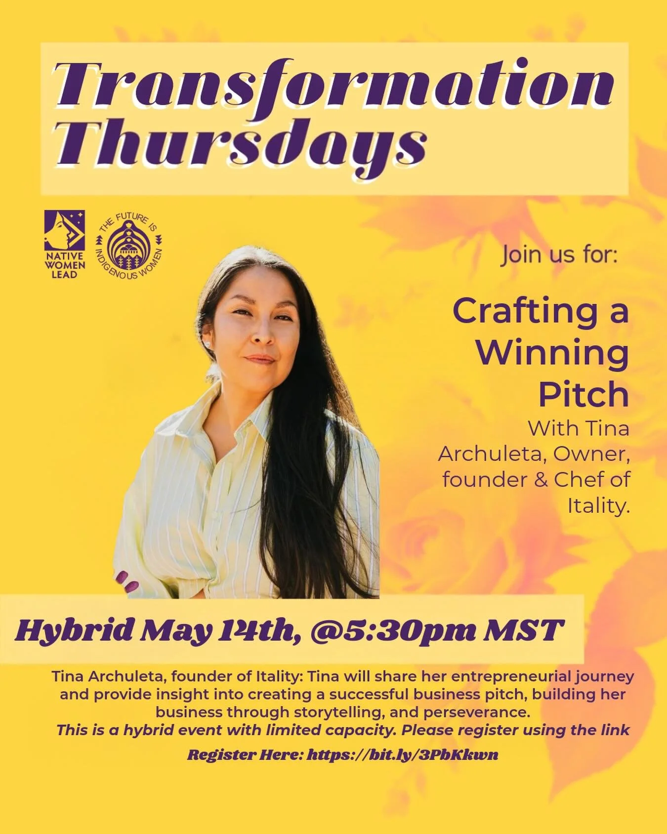 ✨ Transformation Thursdays ✨

Join us for an inspiring evening with Tina Archuleta, founder &amp; chef of Itality, as she shares her entrepreneurial journey and insights on crafting a winning business pitch through storytelling, perseverance, and pas