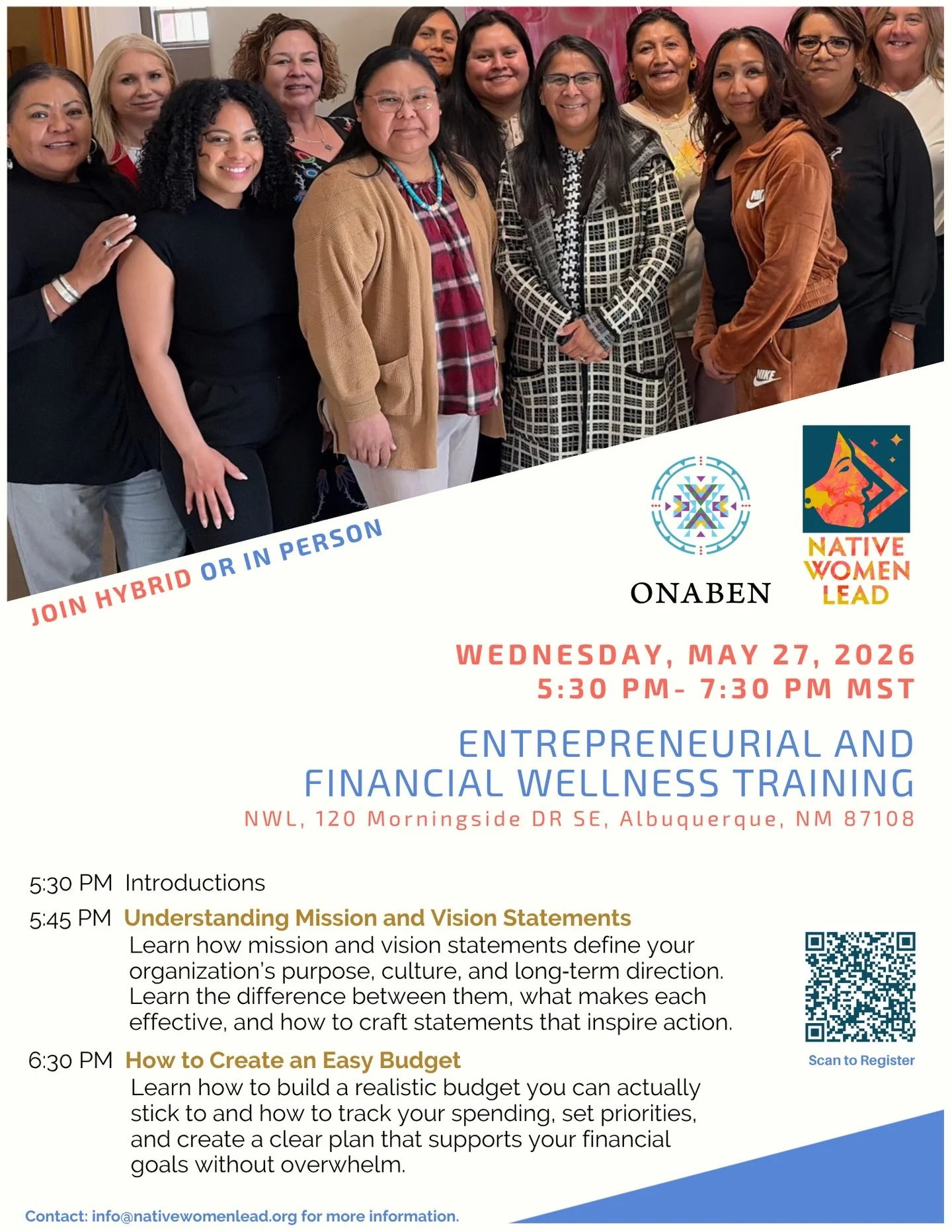 Join us for an empowering evening of learning, connection, and business growth! 

Presented by ONABEN &amp; hosted by Native Women Lead

📅 Wednesday, May 27, 2026
⏰ 5:30 PM &ndash; 7:30 PM

📍 Native Women Lead
120 Morningside Dr SE
Albuquerque, NM 