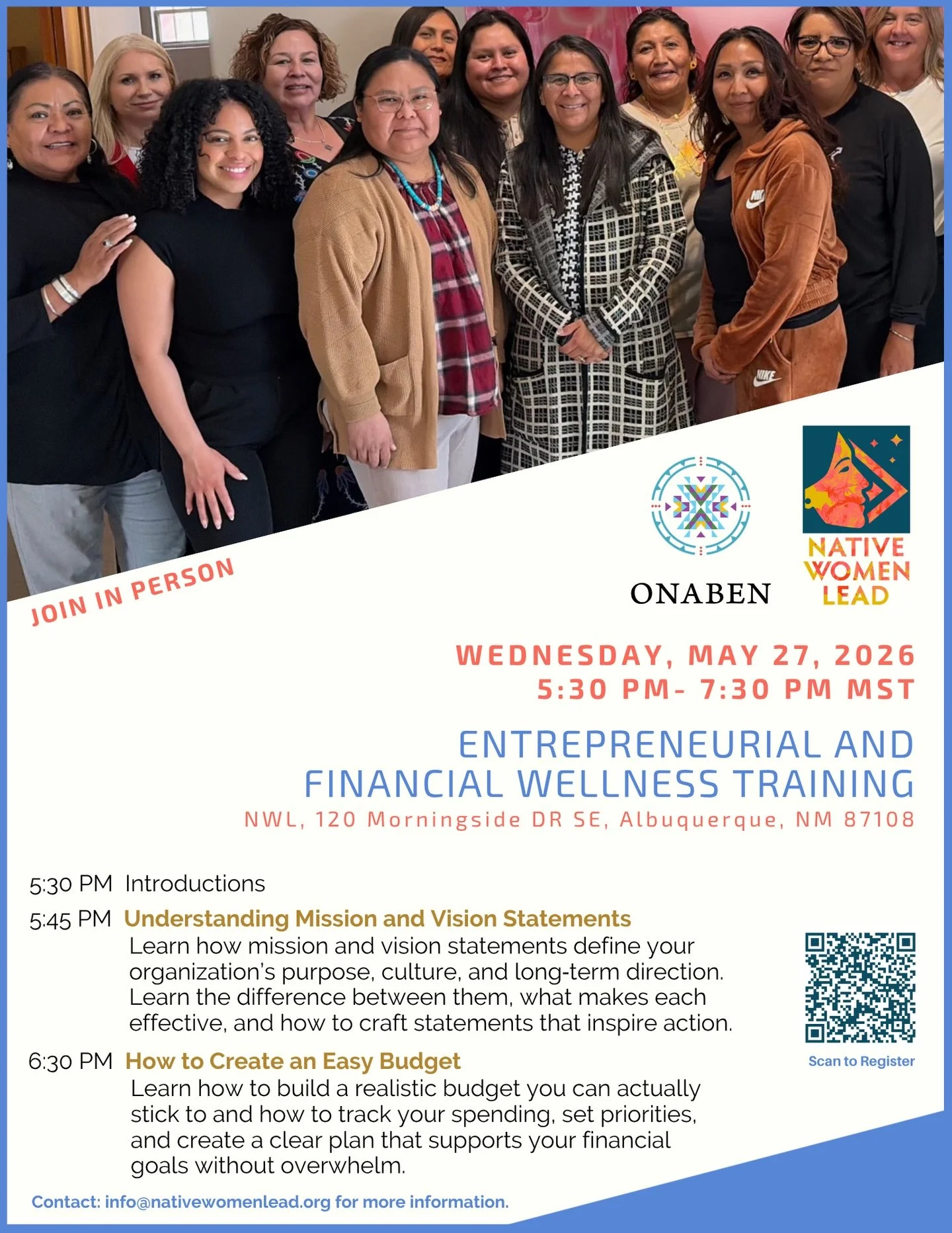 Join us for an in person empowering evening of learning, connection, and business growth! 

Presented by ONABEN &amp; hosted by Native Women Lead

📅 Wednesday, May 27, 2026
⏰ 5:30 PM &ndash; 7:30 PM

📍 Native Women Lead
120 Morningside Dr SE
Albuqu