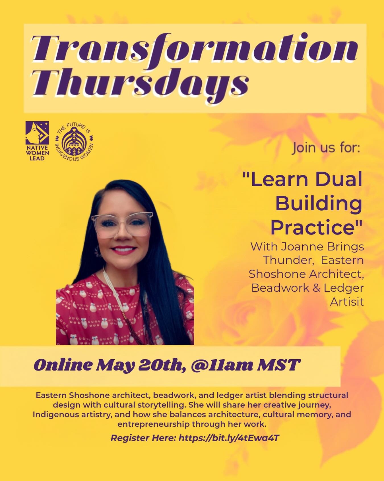 Join us TOMORROW for #TransformationThursdays featuring Joanne Brings Thunder &mdash; Eastern Shoshone architect, beadwork &amp; ledger artist &mdash; as she shares her journey of blending Indigenous artistry, architecture, and cultural storytelling 