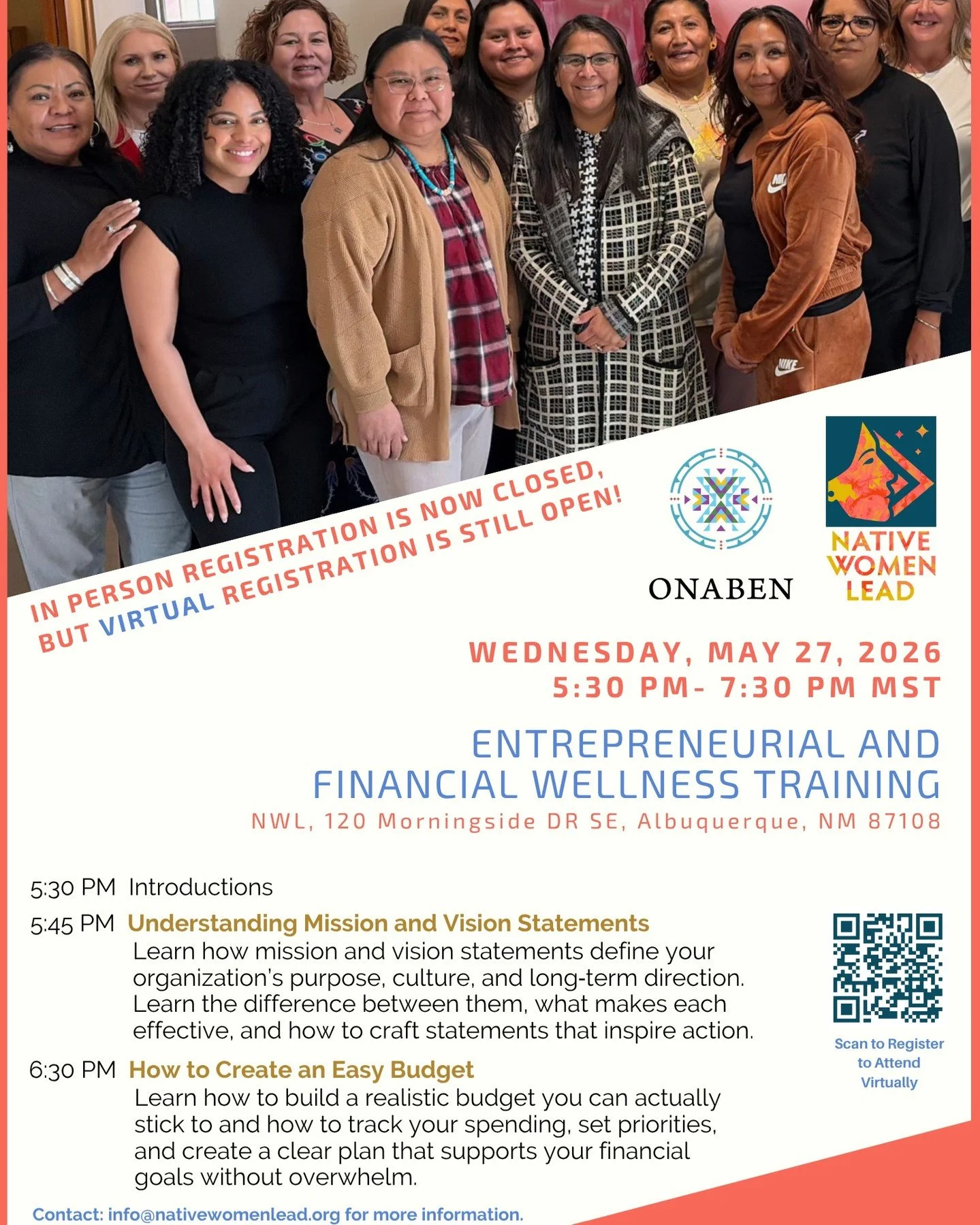 Presented by ONABEN &amp; hosted by Native Women Lead

📅 Wednesday, May 27, 2026
⏰ 5:30 PM &ndash; 7:30 PM
📍 Zoom (Virtual Registration only available)

Topics Include:

How to Create an Easy Budget
Understanding Mission &amp; Vision Statements

Wh