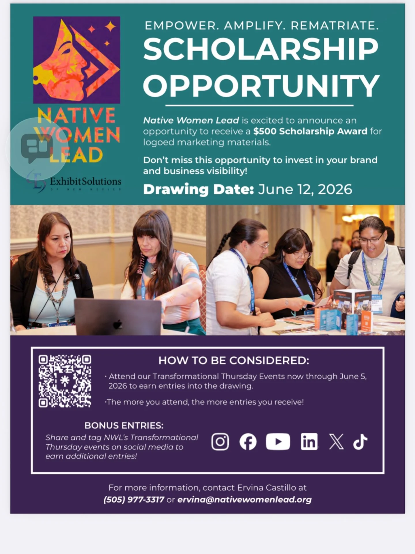 ✨ Scholarship Opportunity ✨

Native Women Lead is excited to offer a chance to receive a $500 Scholarship Award for logoed marketing materials through our Transformation Thursdays series!

Attend Transformation Thursday events now through June 5, 202