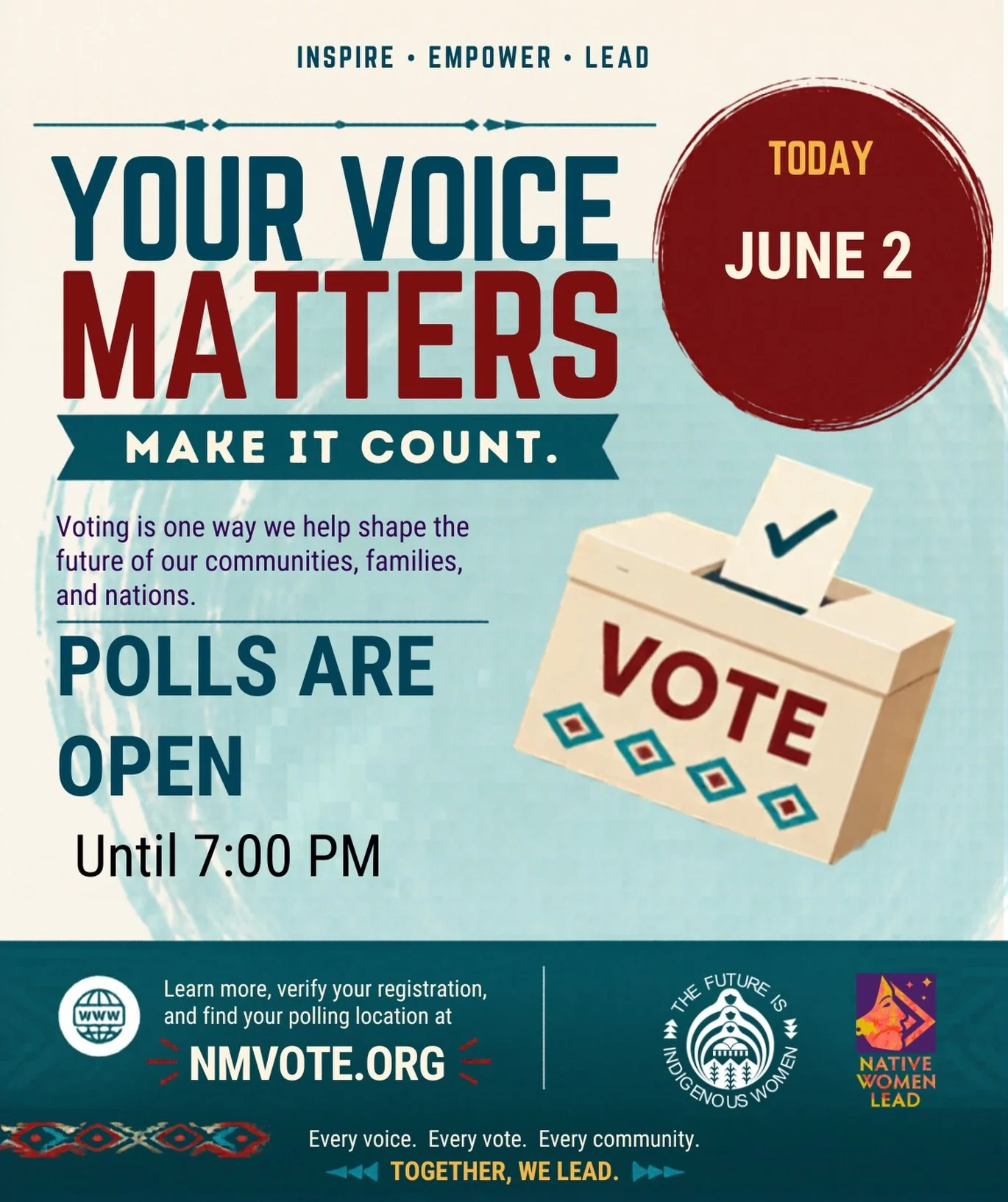 Polls in New Mexico are open until 7:00 PM today. If you haven&rsquo;t voted yet, head to the polls.

Need information on your polling place, registration status, or sample ballot? Visit NMVote.org.

There is still time.

Your voice matters. Your vot