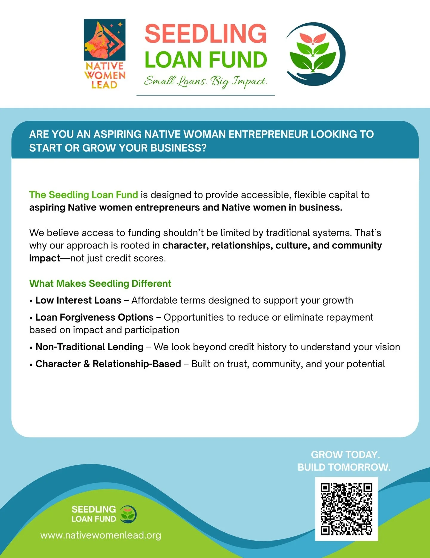 🌱 Are you an aspiring Native woman entrepreneur looking to start or grow your business?

The Native Women Lead Seedling Loan Fund was created to help Native women across Turtle Island access flexible, community-centered funding designed to support y
