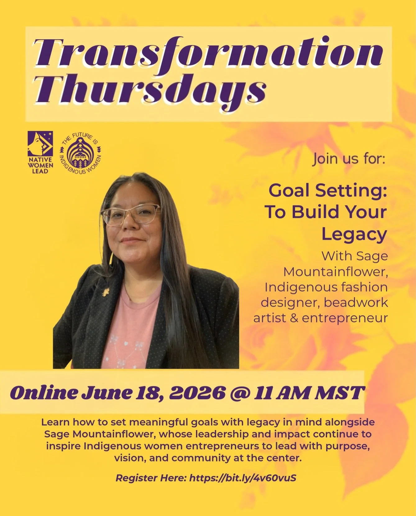 ✨ Transformation Thursdays ✨

Join us for an inspiring conversation with Sage Mountainflower as she shares how to set meaningful goals with legacy in mind.

Sage&rsquo;s leadership and impact continue to inspire Indigenous women entrepreneurs to lead