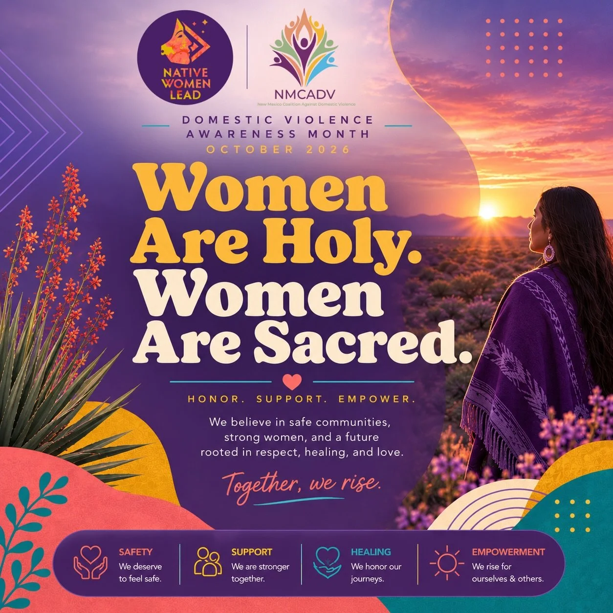 Women Are Holy. Women Are Sacred. 💜

This Domestic Violence Awareness Month, Native Women Lead and NMCADV are coming together to uplift Native women, amplify awareness, and help connect our communities with resources both on and off reservation.

Su