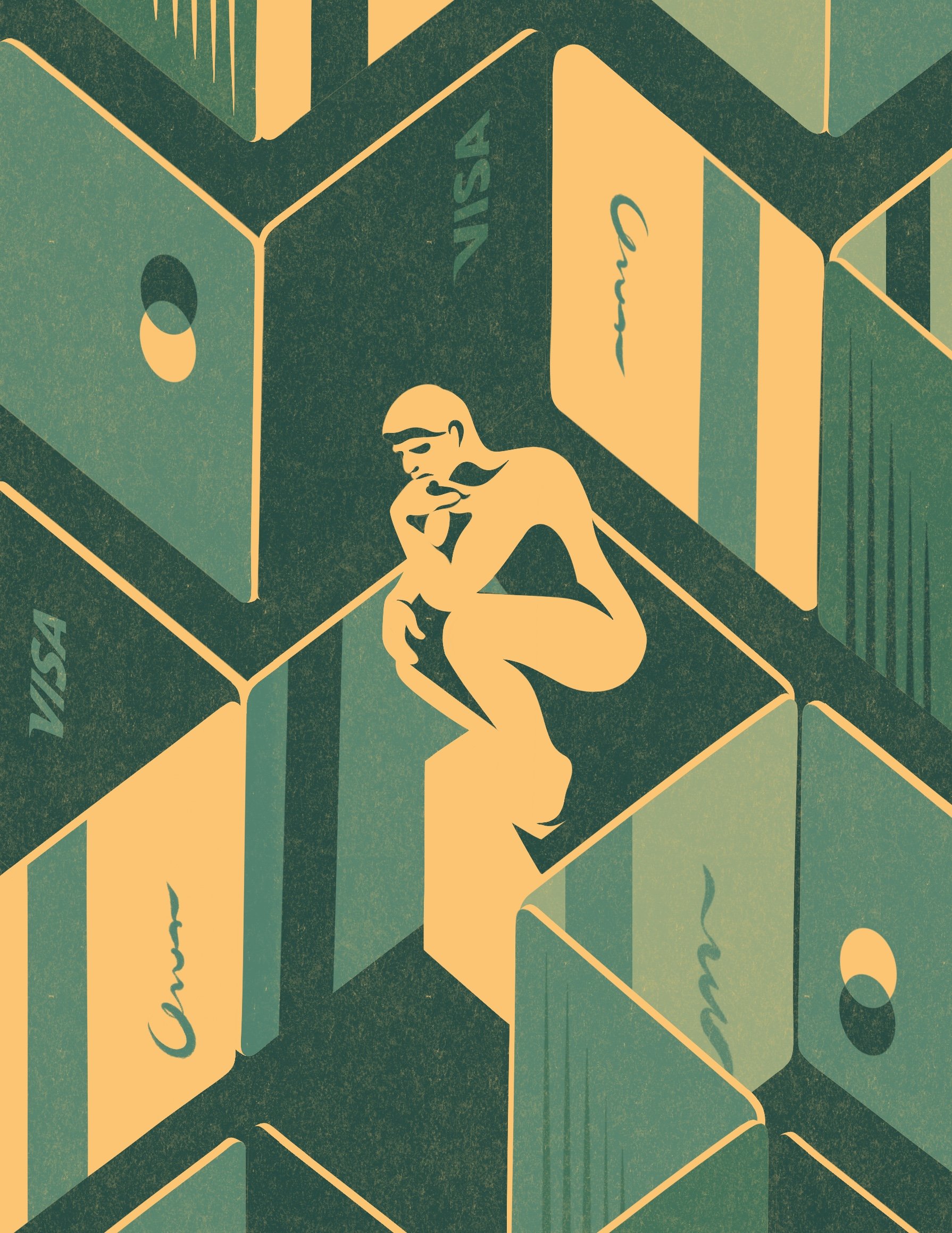 Conceptual editorial illustration of a thinker statue surrounded by towering credit cards, representing the complexity of navigating credit card debt.