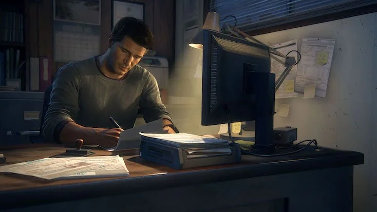 Nathan Drake taking on desk work