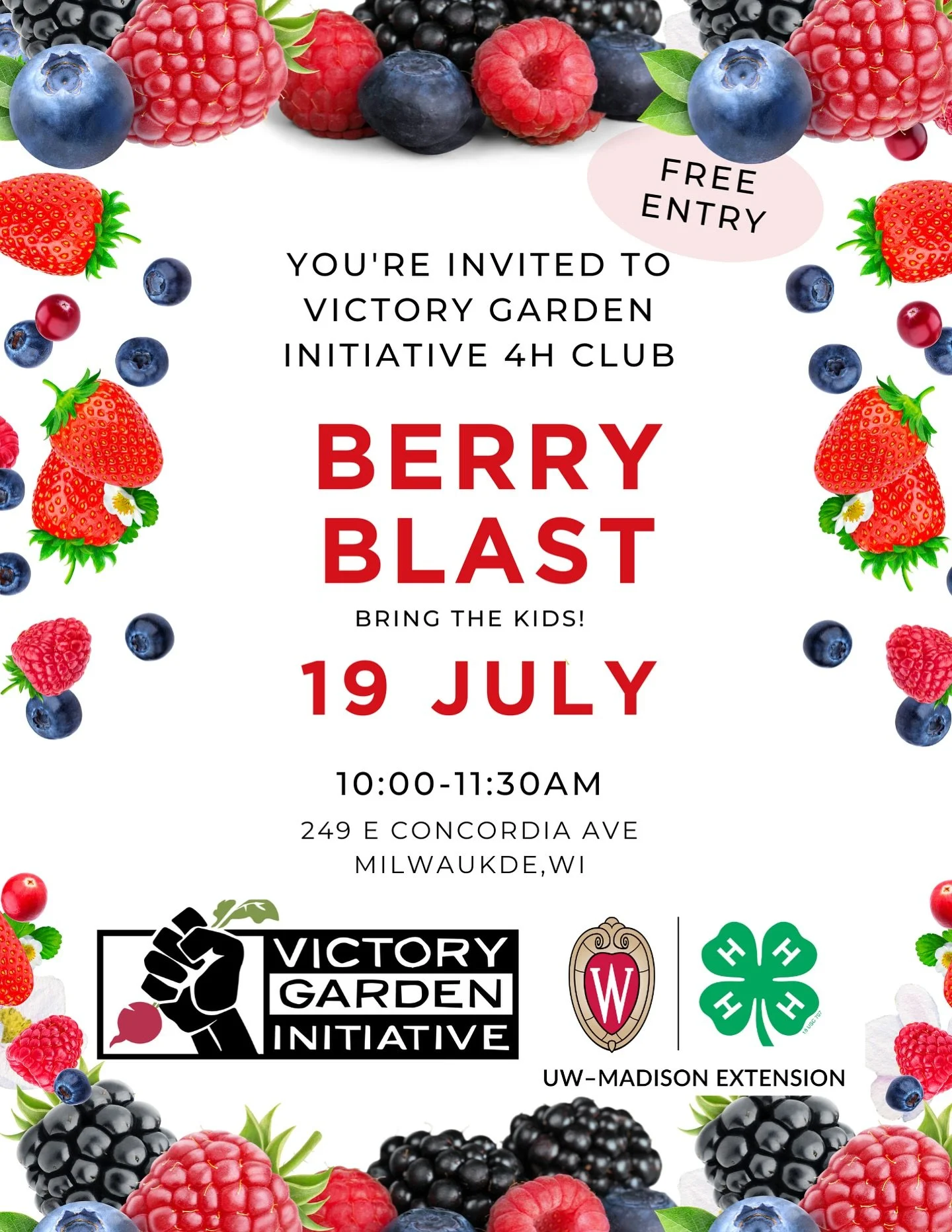 🍓🫐 Get ready for a BERRY fun time! 🫐🍓

Join us for Berry Blast with the Victory Garden Initiative 4H Club! 🎉

🍓 Berry picking
👧🏽 Perfect for kids and families
💸 FREE entry!

📅 July 19
⏰ 10:00&ndash;11:30 AM
📍 249 E Concordia Ave, Milwaukee