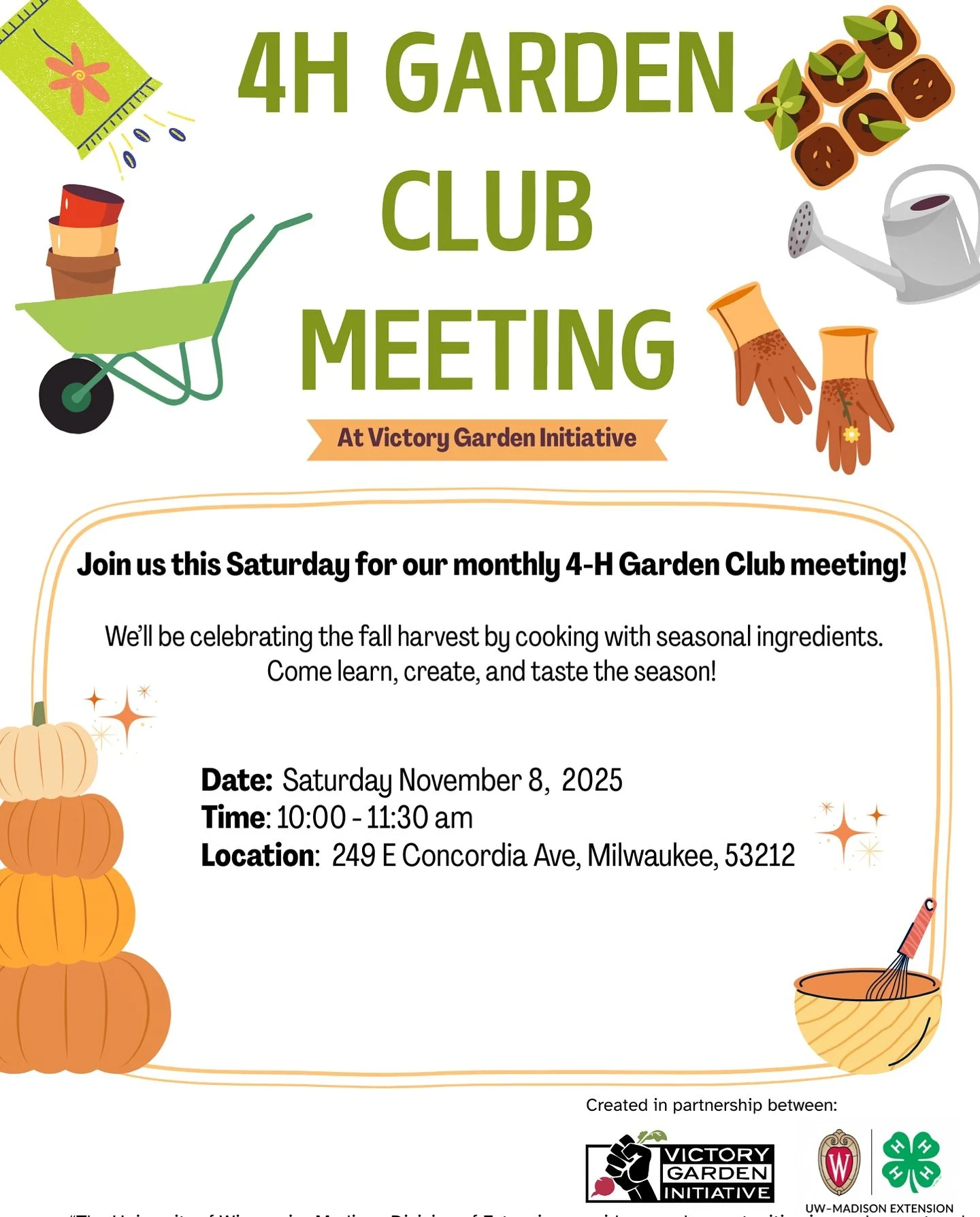 Join us THIS Saturday for our 4H club! 🎃🍂🧑&zwj;🍳 Open to anyone 5 and up. All are welcome! 

Not a member yet? Register here: 

https://docs.google.com/forms/d/e/1FAIpQLSfinc6LcOl7x-T130IwtTJoAgB4DJxEtFHaHMnrTsAuN17Qrw/viewform