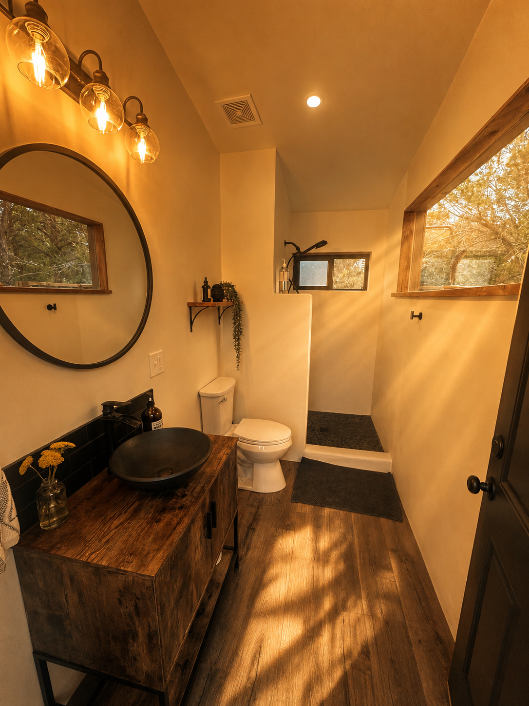 Modern bathroom with wooden vanity, black vessel sink, round mirror, toilet, shower area, wood accents, and warm lighting