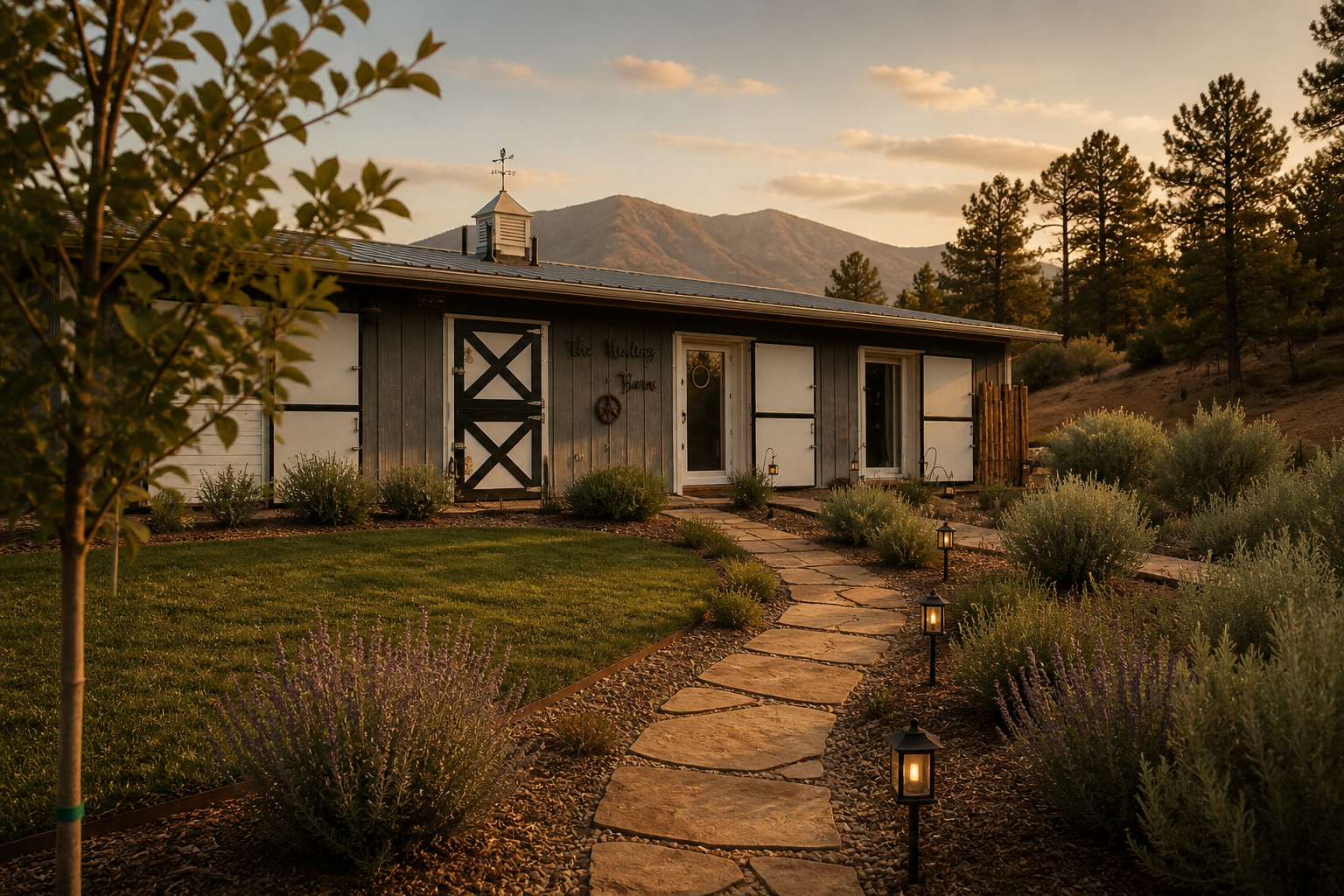 A rustic house with a pathway and outdoor lighting, surrounded by trees and shrubs, mountains in the background during sunset.