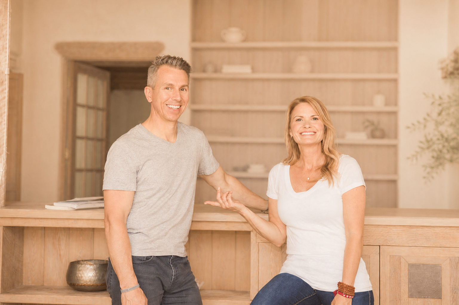 A smiling man and woman standing at a wooden reception desk in a cozy, well-lit room with wooden shelves in the background.