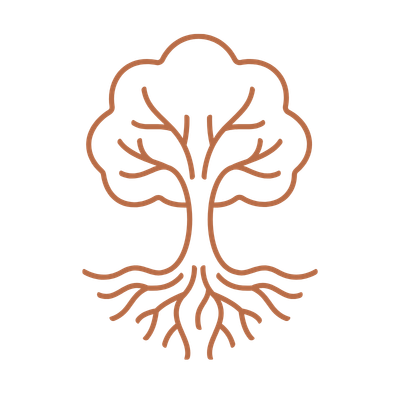 Line drawing of a tree with roots, branches, and leaves, stylized in a minimalist, abstract style.