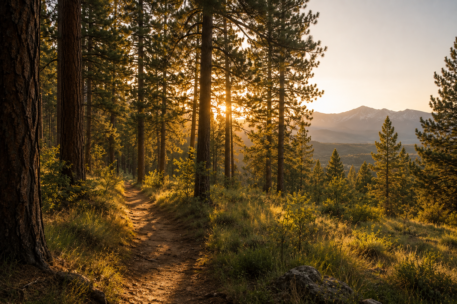 A dirt trail running through a forest of tall pine trees with sunlight filtering through the branches, and distant mountains in the background during sunset.