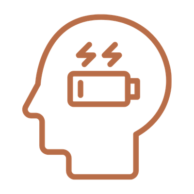 Outline of human head with a battery icon and two lightning bolts inside