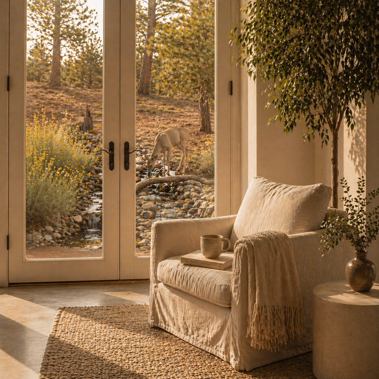 Interior of a cozy living room with a cream-colored armchair, a blanket, a mug, and books on a side table, looking out through glass doors to a forest scene with a deer grazing near a small stream.