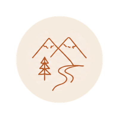 Simple line drawing of mountains, a pine tree, and a winding path or river on a light background.