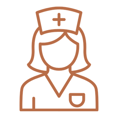 Outline of a nurse wearing a nurse's cap with a cross, and a uniform with a badge.
