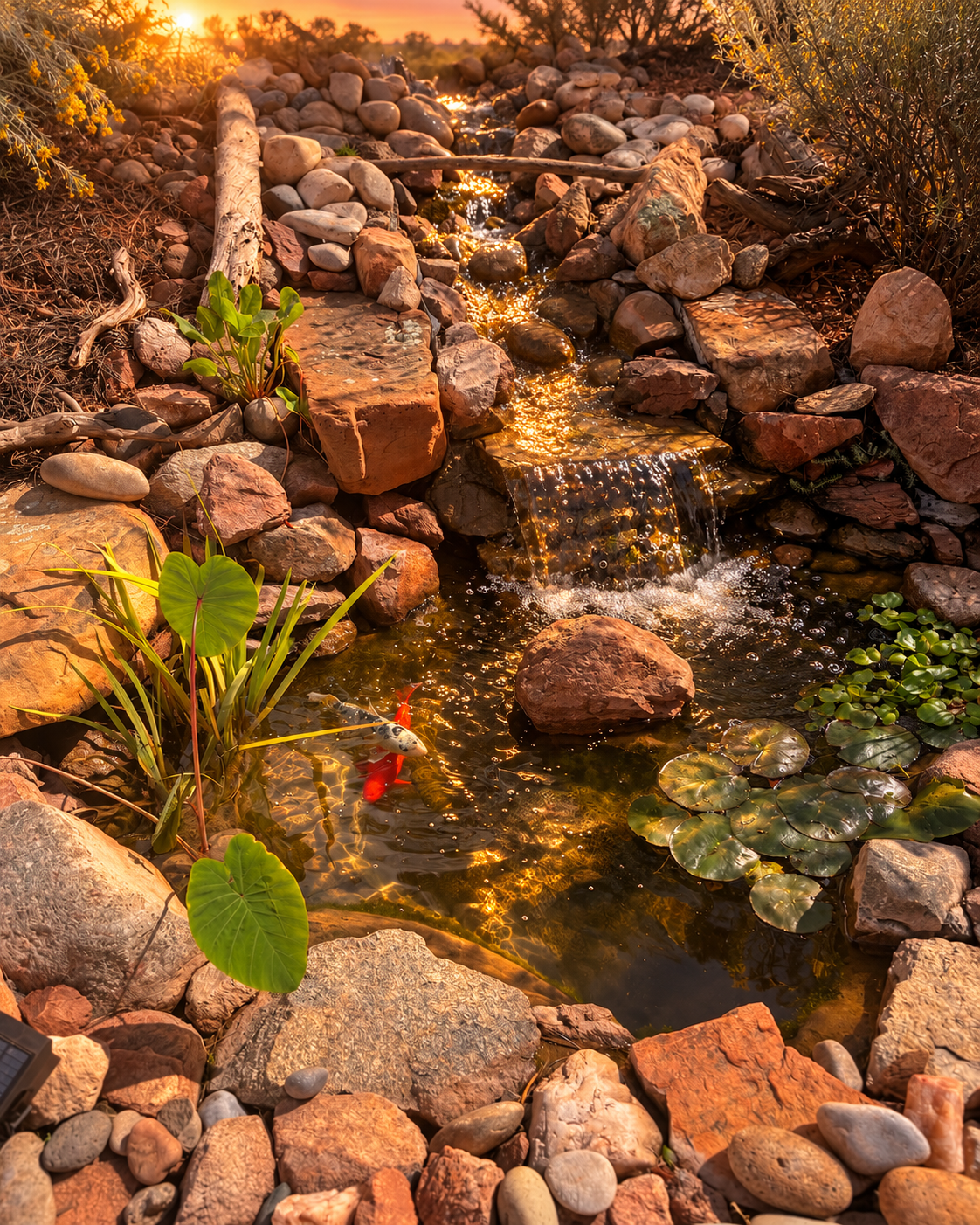 A rocky dirt trail winding through a desert landscape with shrubs and purple flowers, leading toward distant mountains at sunset.