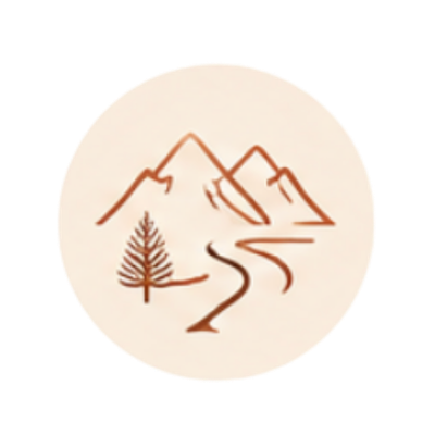 Minimalist line drawing of mountains, a winding path, and a pine tree inside a circular frame.