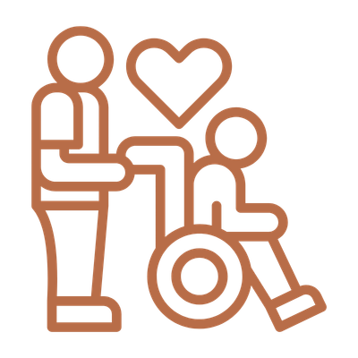 Outline illustration of a caregiver and a person in a wheelchair with a heart symbol above them.