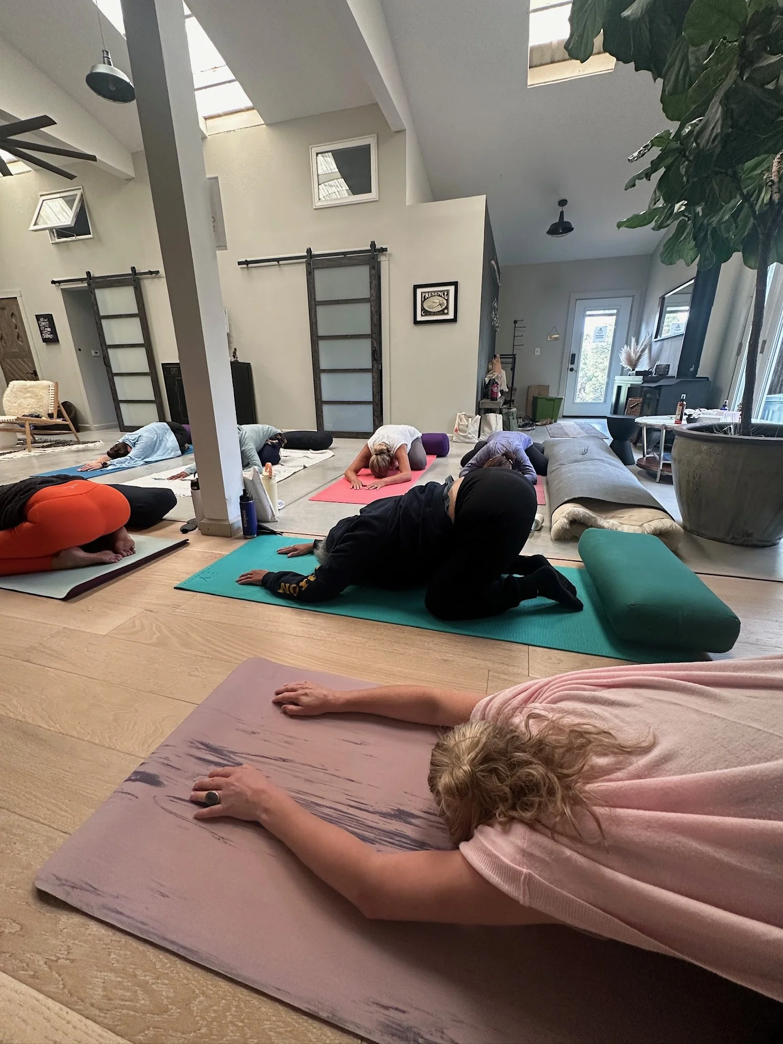 People participating in a yoga or meditation class in a cozy living room with natural light, practicing poses on yoga mats.