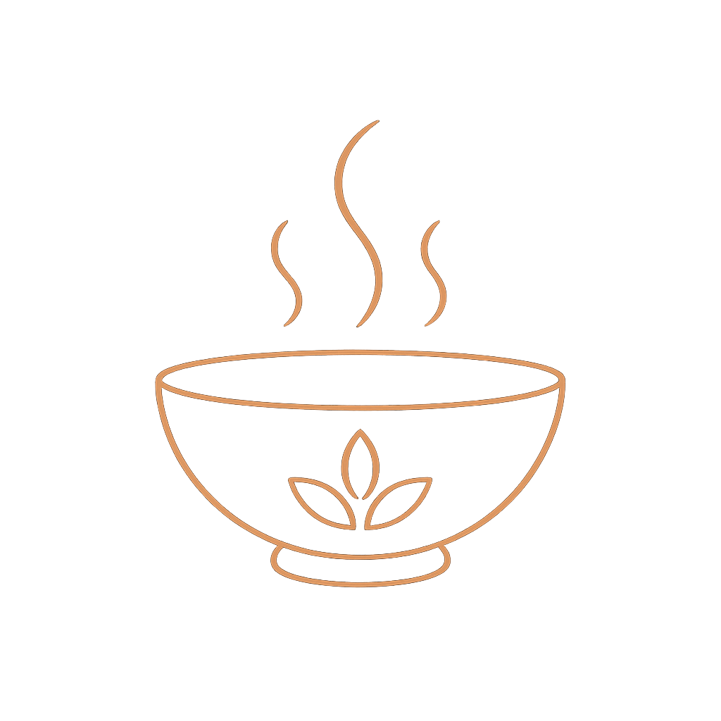 Neon sign of a steaming bowl with a leaf design, glowing orange on a gray background.