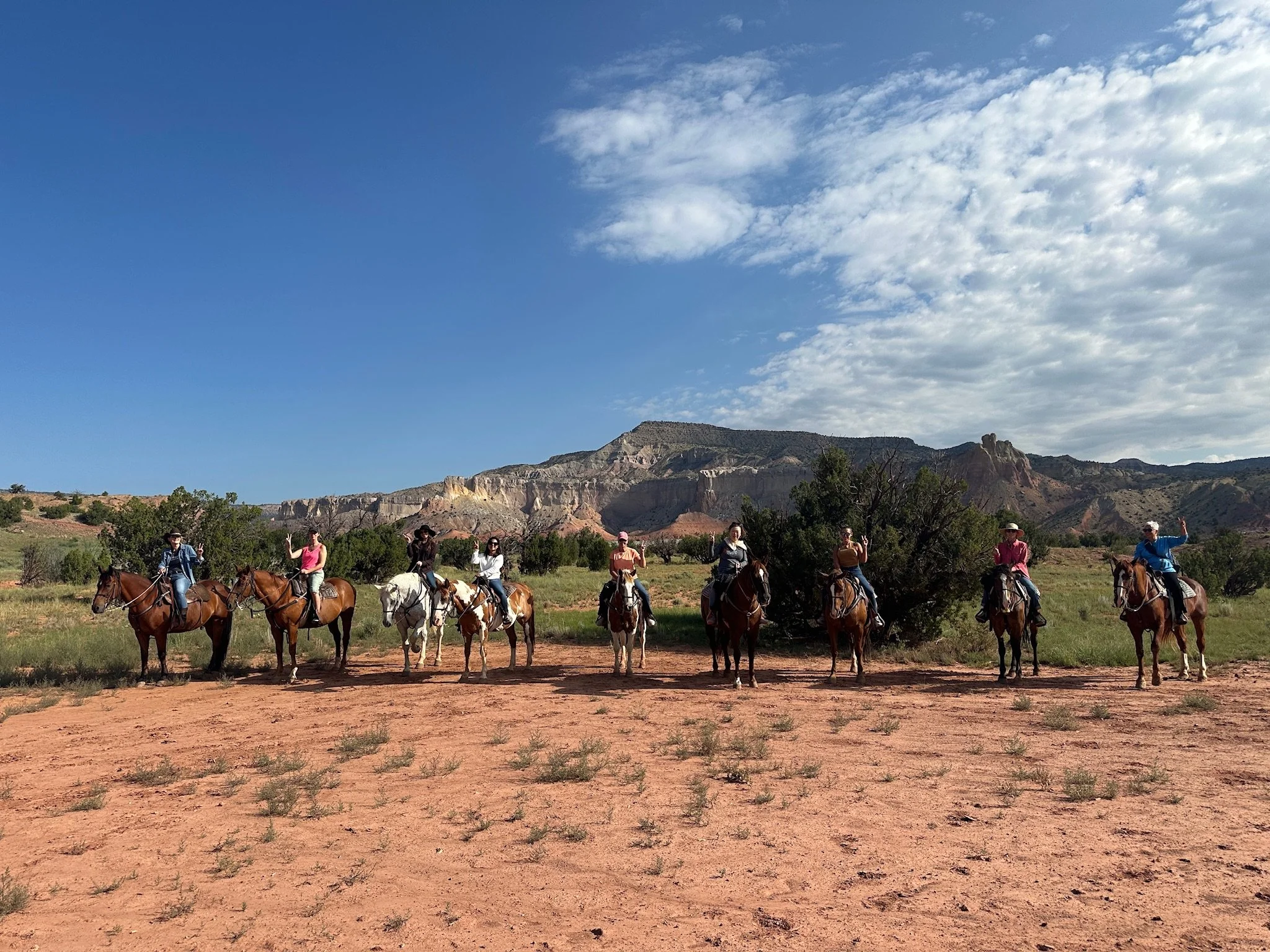 People riding horses in a line in a field with mountains and a partly cloudy sky in the background.