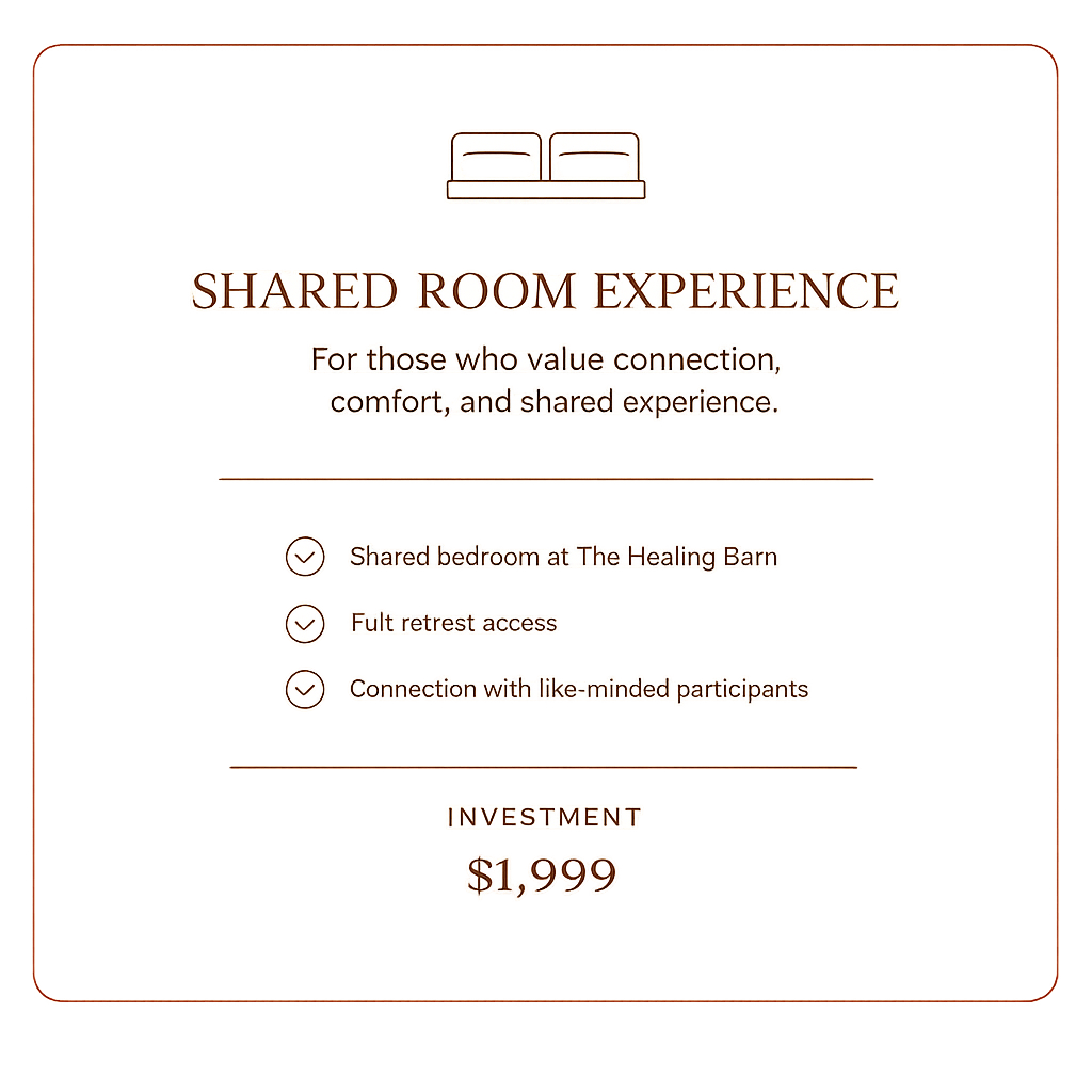 A promotional flyer for a shared room experience offering shared bedroom, retreat access, and connection with like-minded participants, priced at $1,999.