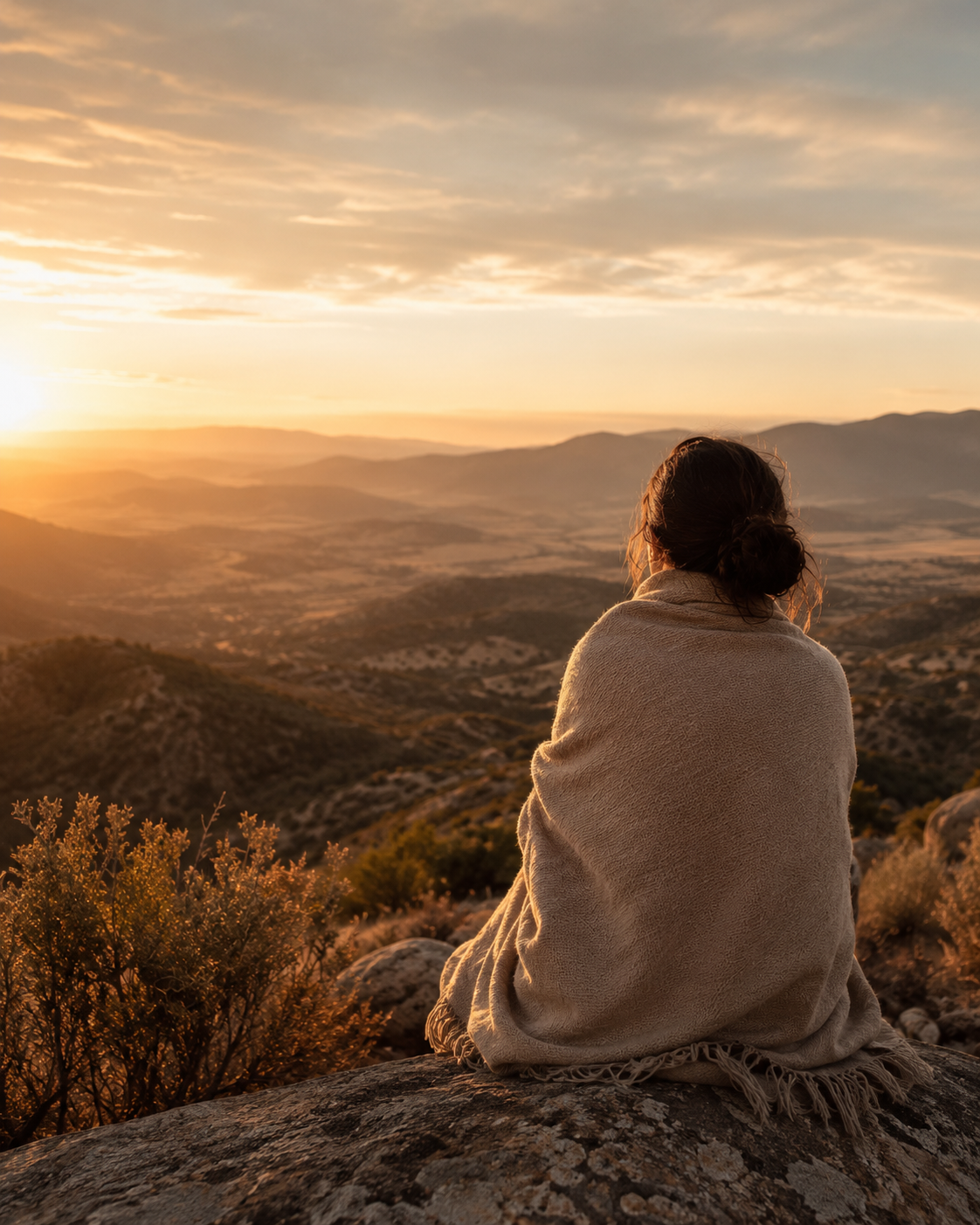 Person wrapped in a blanket sitting on a rock overlooking a sunset over a mountainous landscape.