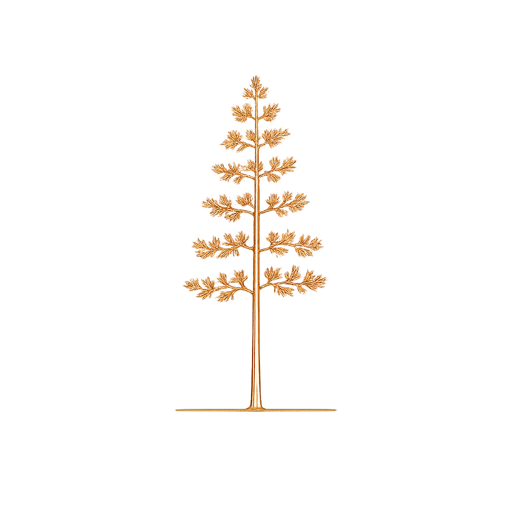 Gold-colored stylized tree with multiple branches and symmetrical pattern against a black background.