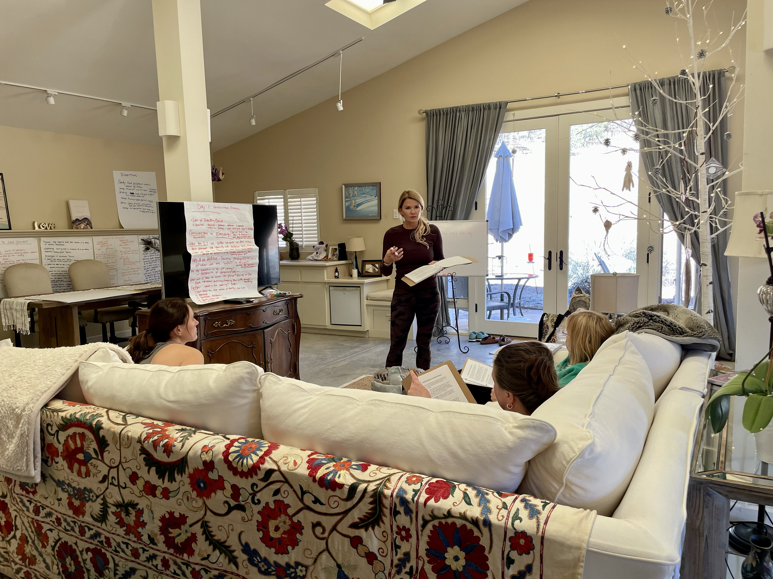 A woman stands at the front of a living room, giving a presentation to seated people. There are large windows with curtains, a whiteboard, and posters on a table behind her.