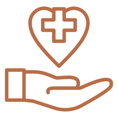 Outline of a hand holding a heart with a medical cross inside the heart.