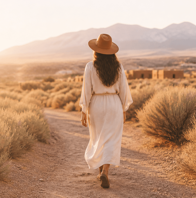 A woman walking down a dirt path in a desert landscape during sunset, wearing a long white dress and a wide-brimmed hat, with mountains in the background.