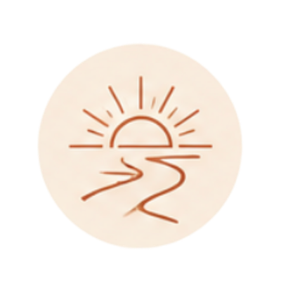 Illustration of the sun setting over a winding river.